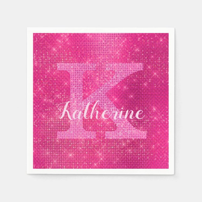 Girly Hot Pink Glitter Glam Sparkle Monogram Name Napkin (Front)