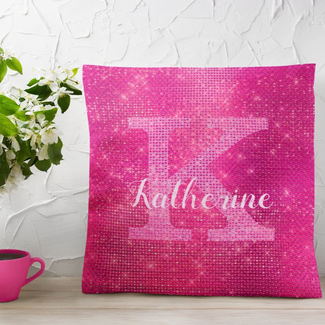 Girly Hot Pink Glitter Glam Sparkle Monogram Name Throw Pillow (Creator Uploaded)