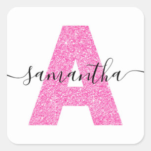Girly Hot Pink Glitter Letter A Monogram Square Sticker