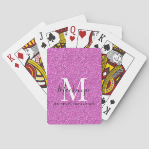 Girly Hot Pink Glitter Monogram Name Playing Cards