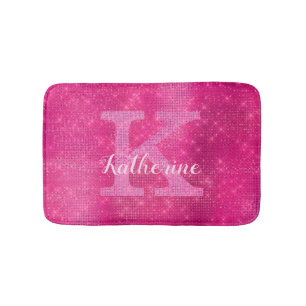 Girly Hot Pink Glitter Sparkle Glam Monogram Name Bath Mat