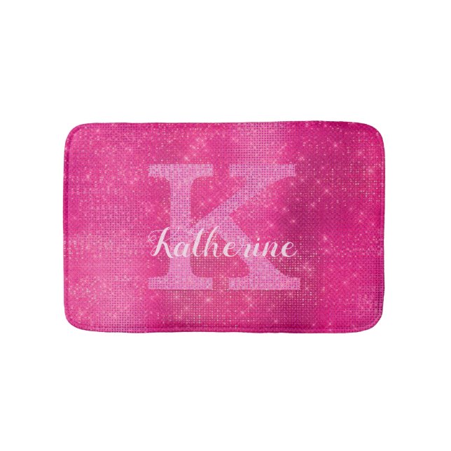 Girly Hot Pink Glitter Sparkle Glam Monogram Name Bath Mat (Front)