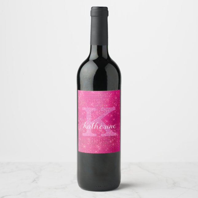 Girly Hot Pink Glitter Sparkle Glam Monogram Name Wine Label (Front)