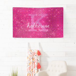 Girly Hot Pink Glitter Sparkle Monogram Name Dorm  Banner