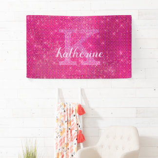 Girly Hot Pink Glitter Sparkle Monogram Name Dorm  Banner