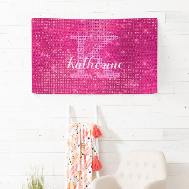 Girly Hot Pink Glitter Sparkle Monogram Name Dorm  Banner (Insitu)