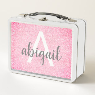 Girly Hot Pink Glitter Sparkle Monogram Name Metal Lunch Box