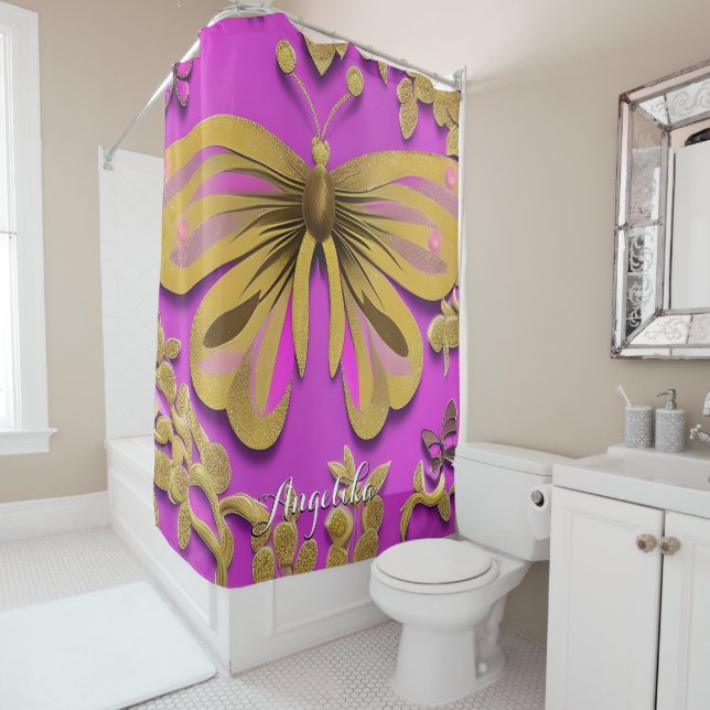 Girly Hot Pink Gold Butterfly Personalized Name (In Situ)