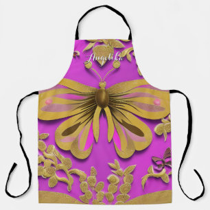Girly Hot Pink Gold Butterfly Personalized Name Apron