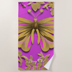 Girly Hot Pink Gold Butterfly Personalized Name Beach Towel