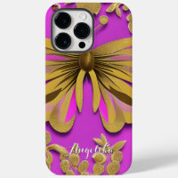 Girly Hot Pink Gold Butterfly Personalized Name