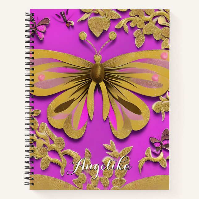 Girly Hot Pink Gold Butterfly Personalized Name Notebook (Front)