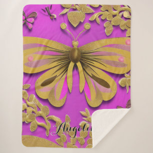 Girly Hot Pink Gold Butterfly Personalized Name Sherpa Blanket