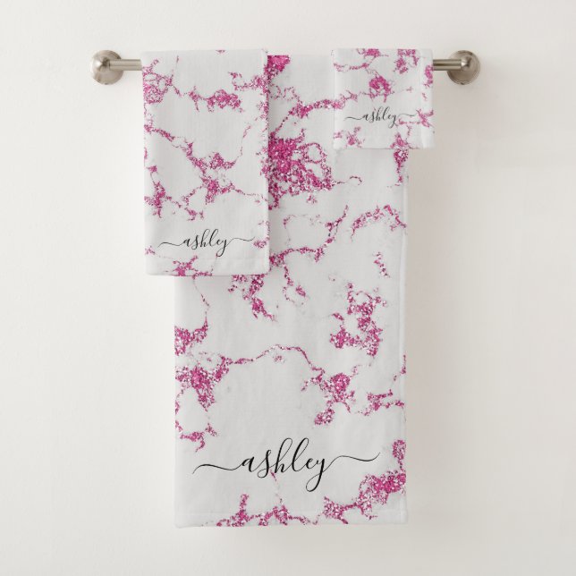 Girly Hot Pink Magenta Glitter Marble Script Name  Bath Towel Set (Insitu)