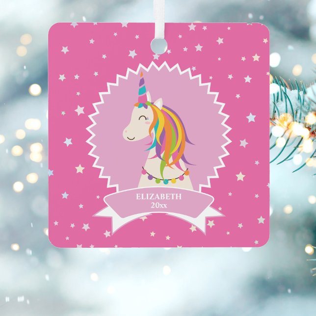 Girly Hot Pink Magical Unicorn Kid Photo Metal Ornament (Creator Uploaded)