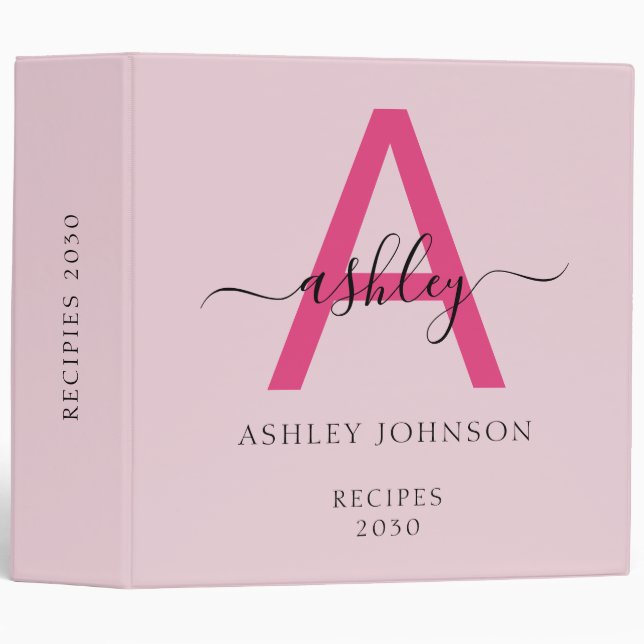 Girly Hot Pink Monogram Recipe Book Binder (Front/Spine)