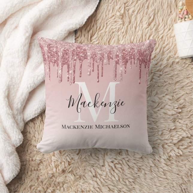 Girly Hot Pink Ombre Glitter Monogram Name   Throw Pillow (Blanket)
