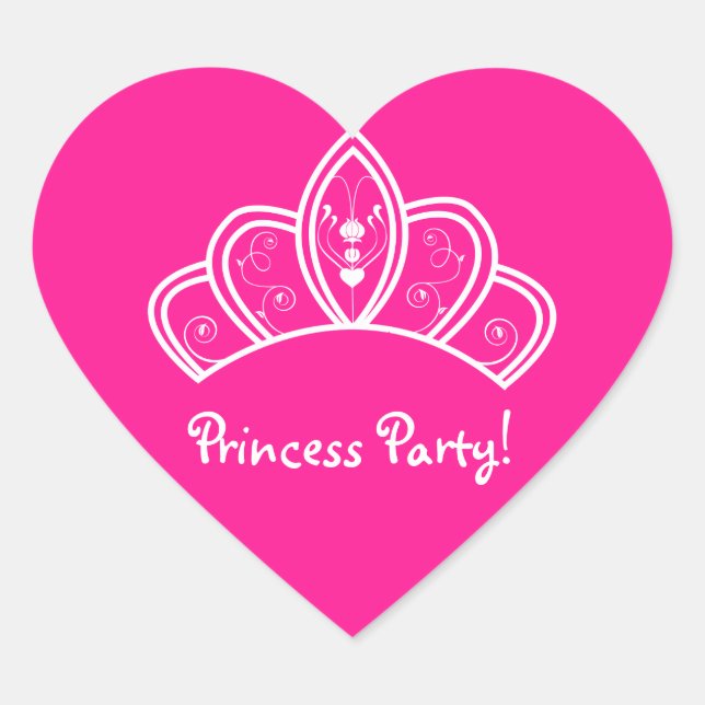 Girly Hot Pink Princess Party With Tiara Crown Heart Sticker (Front)