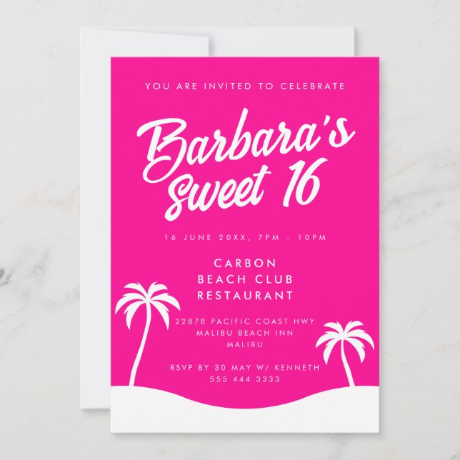 Girly Hot Pink Summer Beach Party Sweet 16 Invitation (Front)