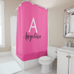 Girly Hot Pink White & Black Monogram Name<br><div class="desc">Personalized monogram girly hot pink shower curtain with white and black writing. This glam shower curtain can be easily personalized with your own custom first name and monogram initial. You can even change the text colour and font style using the customize option.</div>