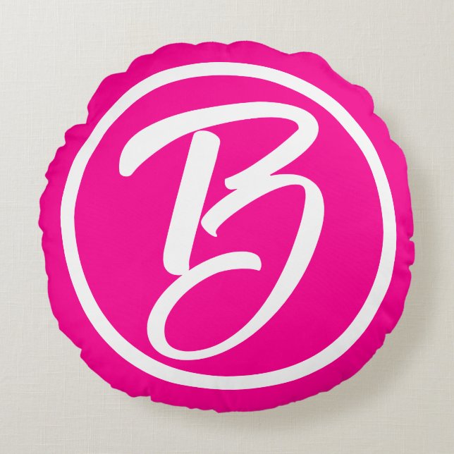 Girly Hot Pink White Calligraphy Monogram Round Pillow (Front)