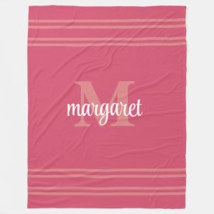 Girly hot pink  white monogram name Fleece Blanket
