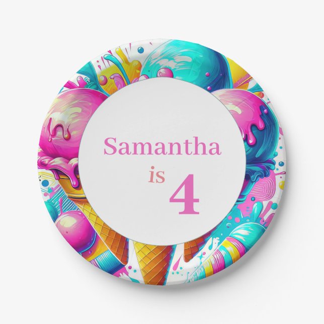 Girly ice cream birthday party paper plate (Front)