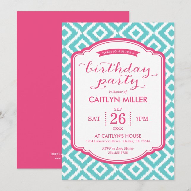 Girly Ikat Diamonds Invitation de fête d'anniversa (Devant / Derrière)