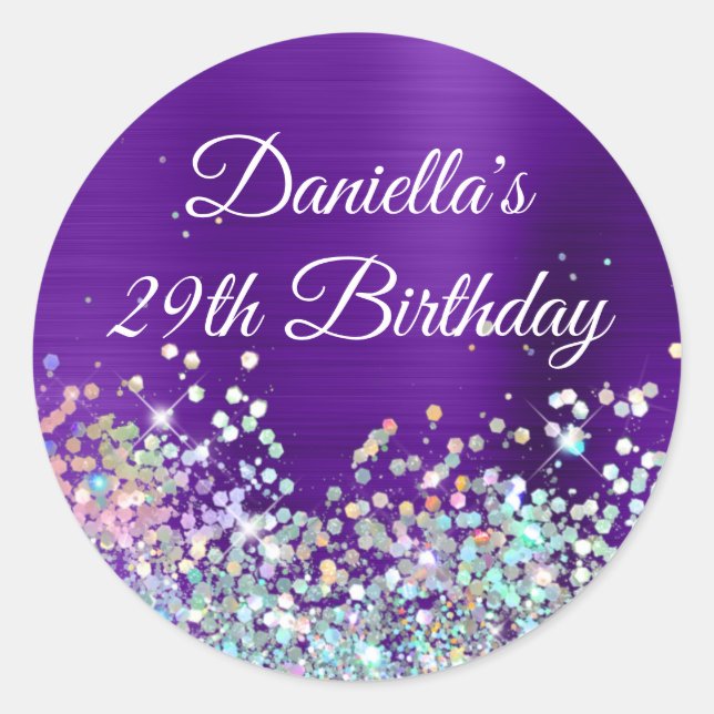  Girly Indigo Purple Foil Holo Glitter Birthday Classic Round Sticker (Front)