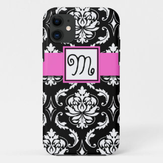 GIRLY INITIAL, PINK, BLACK VINTAGE DAMASK PATTERN iPhone 11 CASE