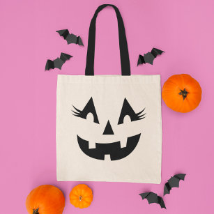 Girly Jack O Lantern Pumpkin Face Halloween Tote Bag