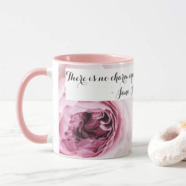 Girly Jane Austen Emma Book Quote Pink Rose Floral Mug (With Donut)