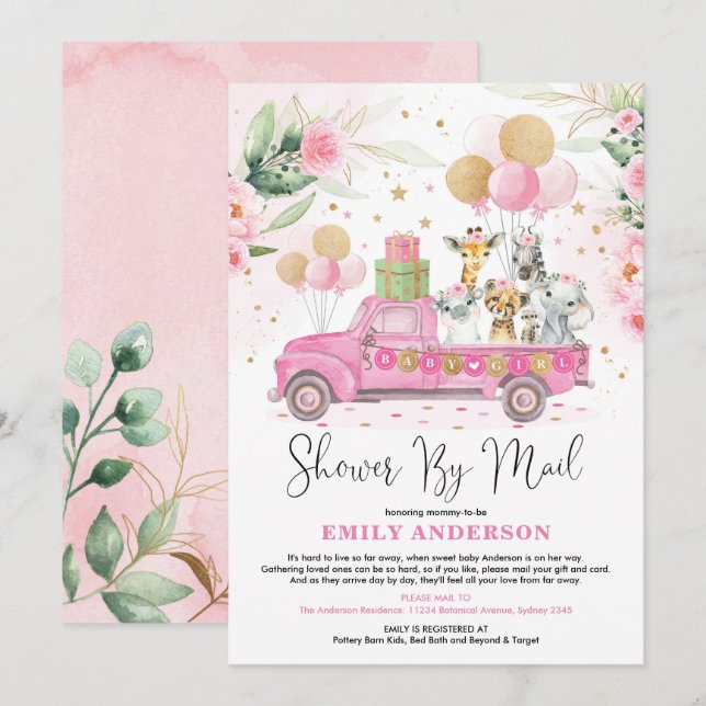 Girly Jungle Safari Animals Baby Shower By Mail Invitation (Front/Back)