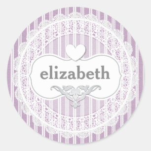 Girly Lace Gingham Pattern with Heart A06 PURPLE Classic Round Sticker