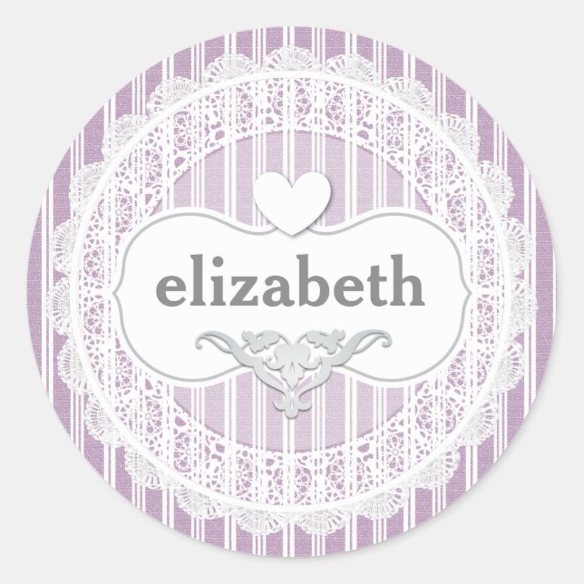 Girly Lace Gingham Pattern with Heart A06 PURPLE Classic Round Sticker (Front)