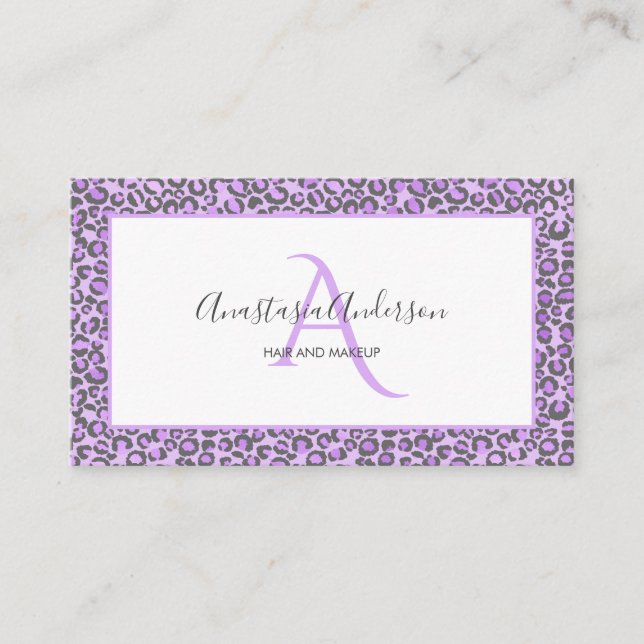 Girly Lavender Purple Chic Leopard Spots Monogram Business Card (Front)