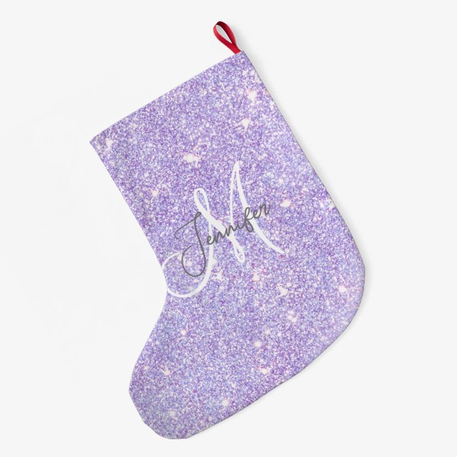 Girly Lavender Purple Glitter Blush Monogram name  Large Christmas Stocking (Back (Hanging))