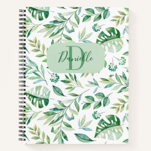 Girly Leaves Pattern Greenery Monogram Name Notebook