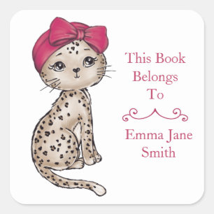 Girly Leopard Baby W/Red Bow Turban Bookplate Square Sticker