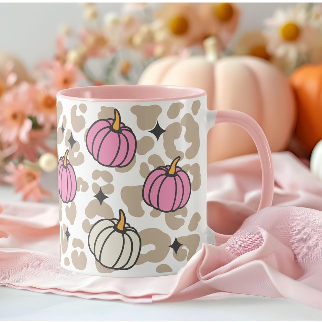 Girly Leopard Pink and White Pumpkins Halloween Mug (Girly Leopard Pink and White Pumpkins Halloween Mug)