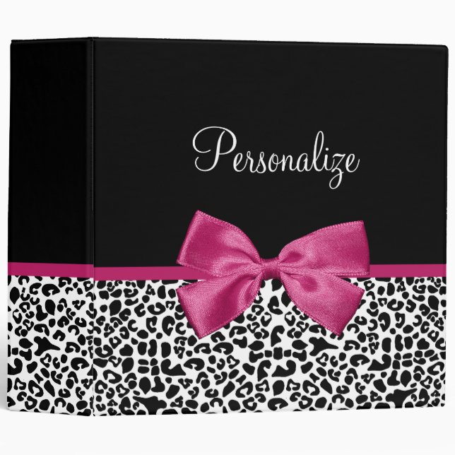 Girly Leopard Print and Dark Pink Bow Glam Design Binder (Front/Spine)