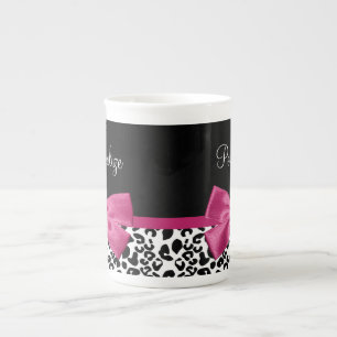 Girly Leopard Print and Dark Pink Bow Glam Design Bone China Mug