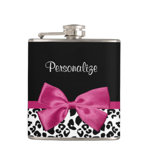 Girly Leopard Print and Dark Pink Bow Glam Design Hip Flask