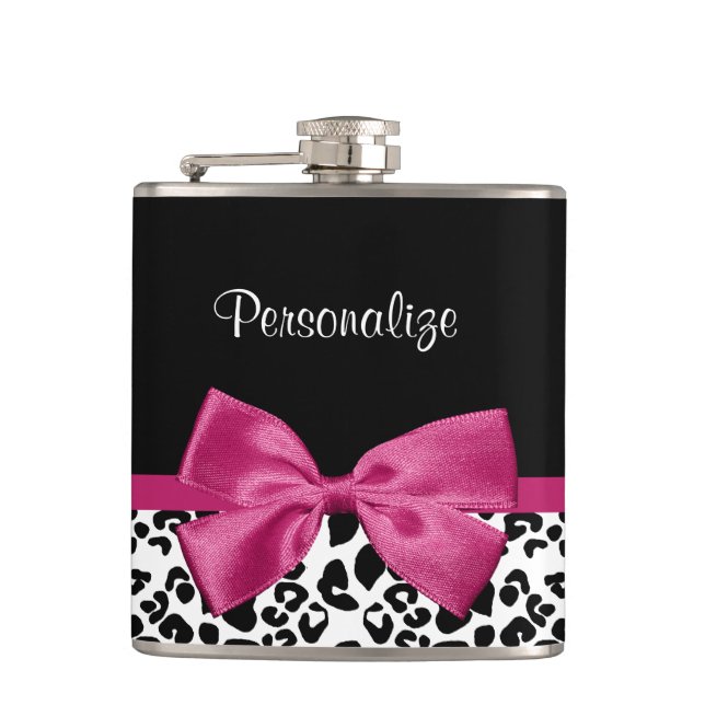 Girly Leopard Print and Dark Pink Bow Glam Design Hip Flask (Front)