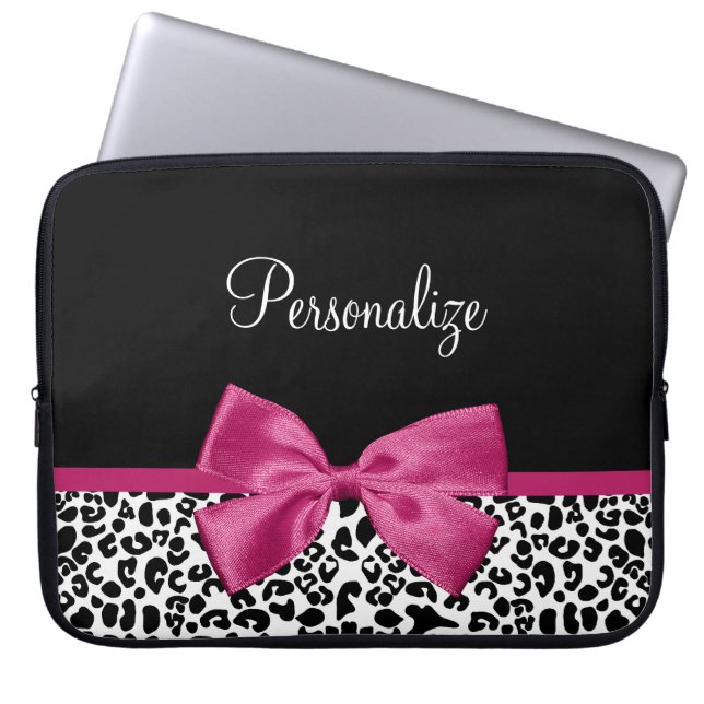 Girly Leopard Print and Dark Pink Bow Glam Design Laptop Sleeve (Front)
