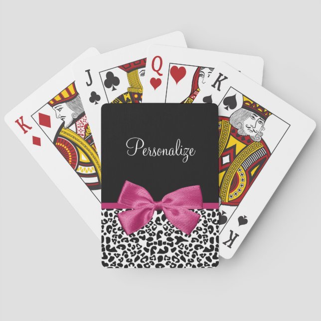 Girly Leopard Print and Dark Pink Bow Glam Design Playing Cards (Back)