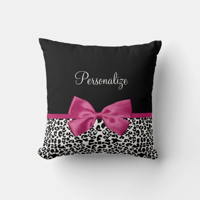 Girly Leopard Print and Dark Pink Bow Glam Design Throw Pillow (Front)