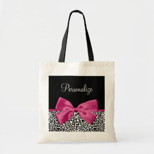 Girly Leopard Print and Dark Pink Bow Glam Design Tote Bag