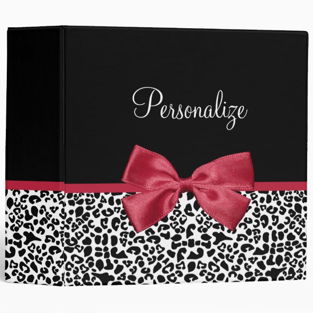 Girly Leopard Print Bright Red Ribbon With Name Binder (Front/Spine)