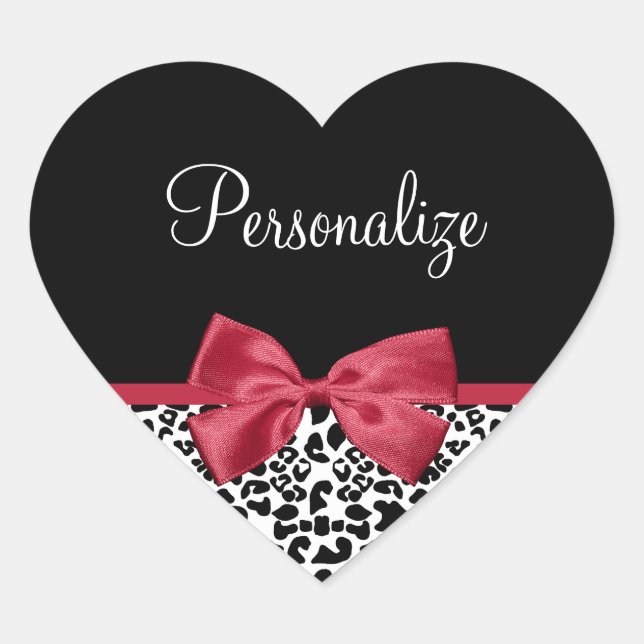 Girly Leopard Print Bright Red Ribbon With Name Heart Sticker (Front)